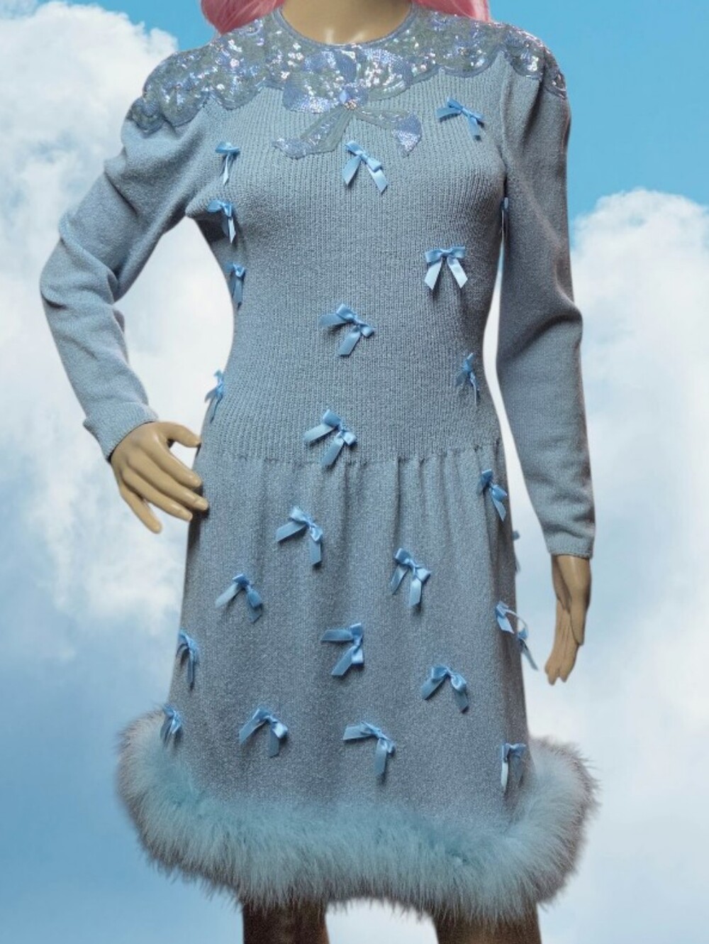 Vintage 1980's Marabou Dress Bows Feathers Beaded 6
